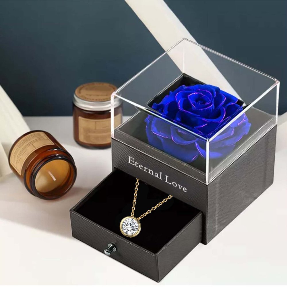 Preserved Rose In a Acrylic Box with Real Gold Plated April Birthstone Necklace
